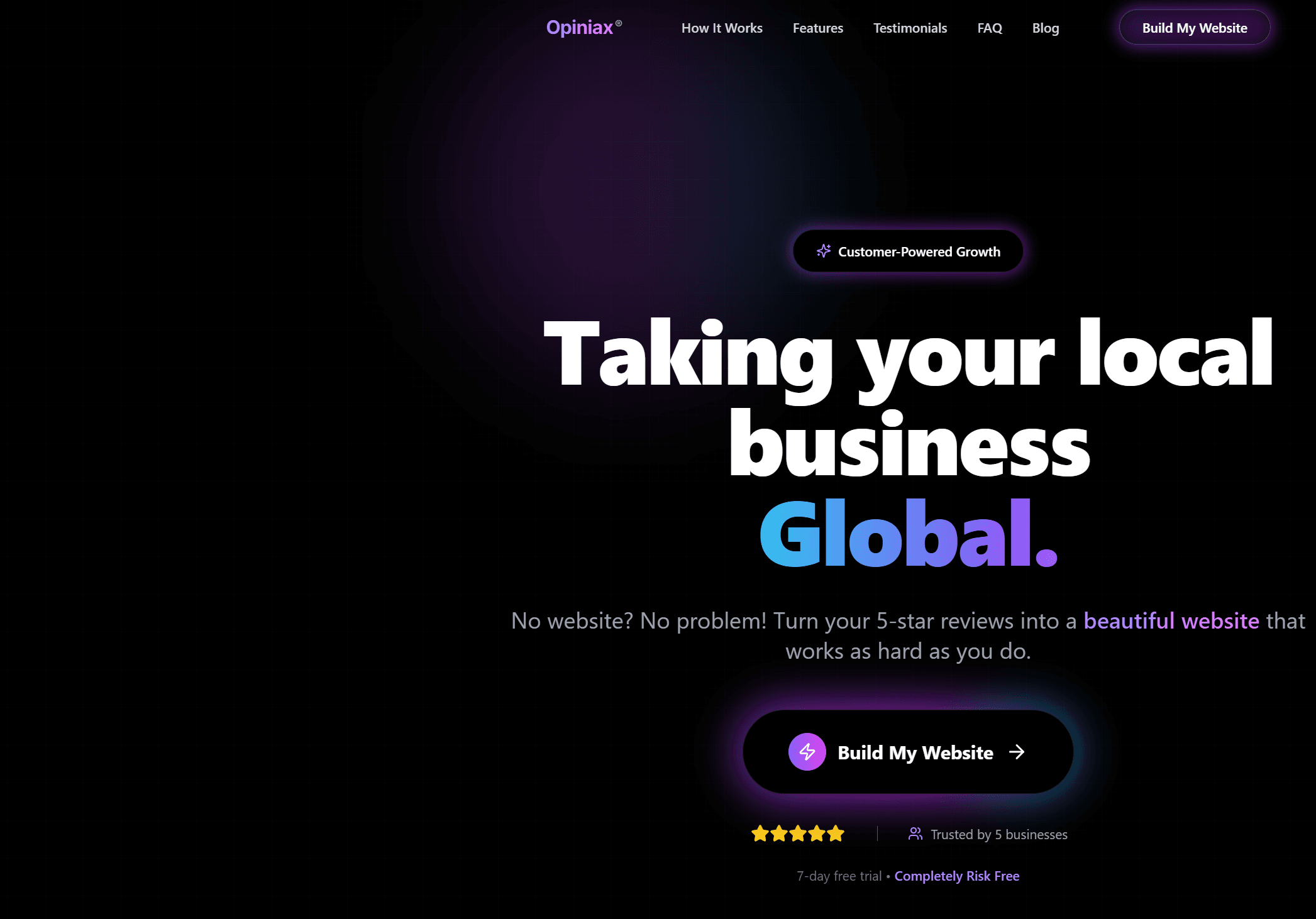 Opiniax landing page with a customer-powered growth headline and purple accents