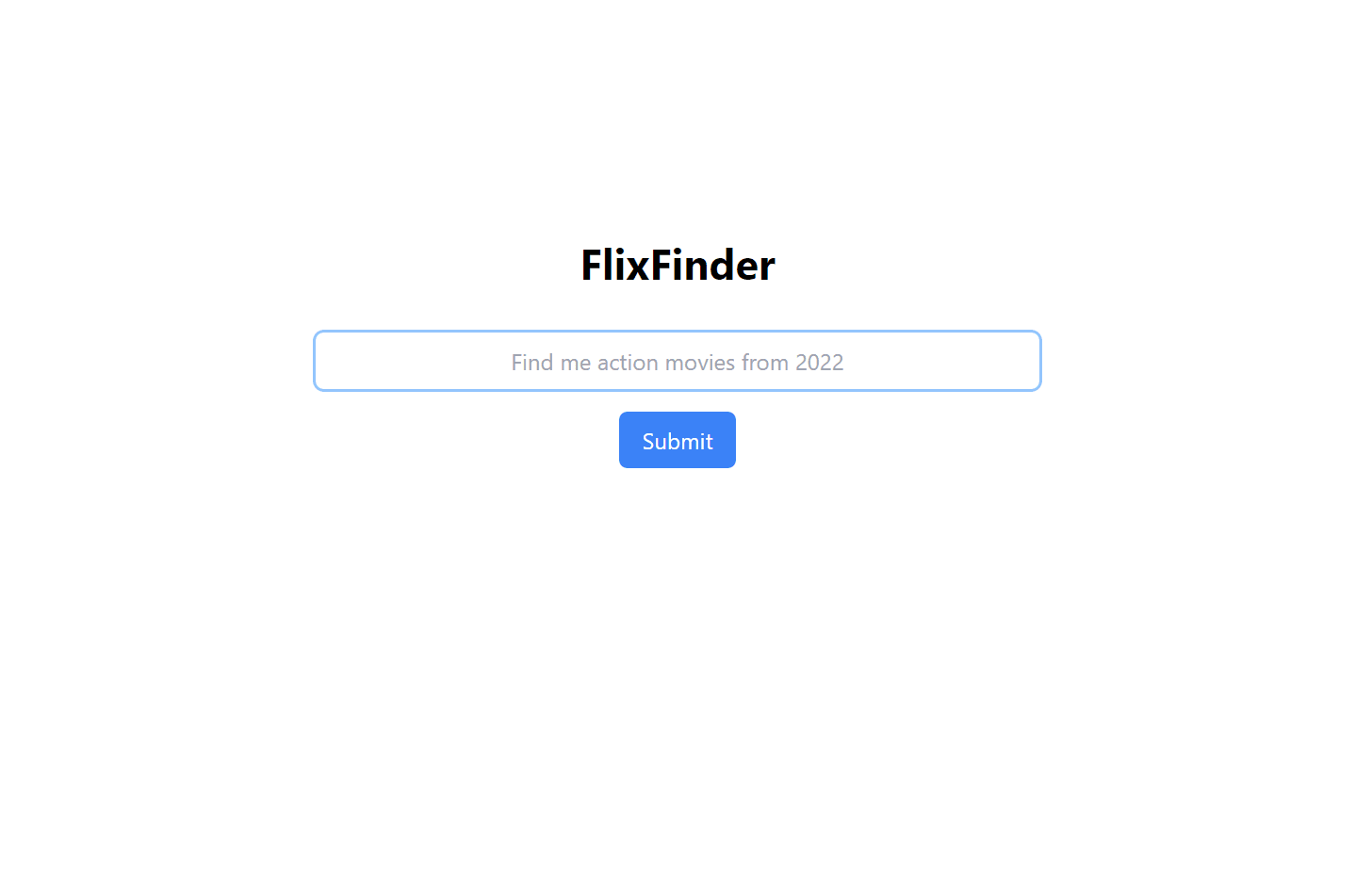 FlixFinder search interface with a natural-language movie query field